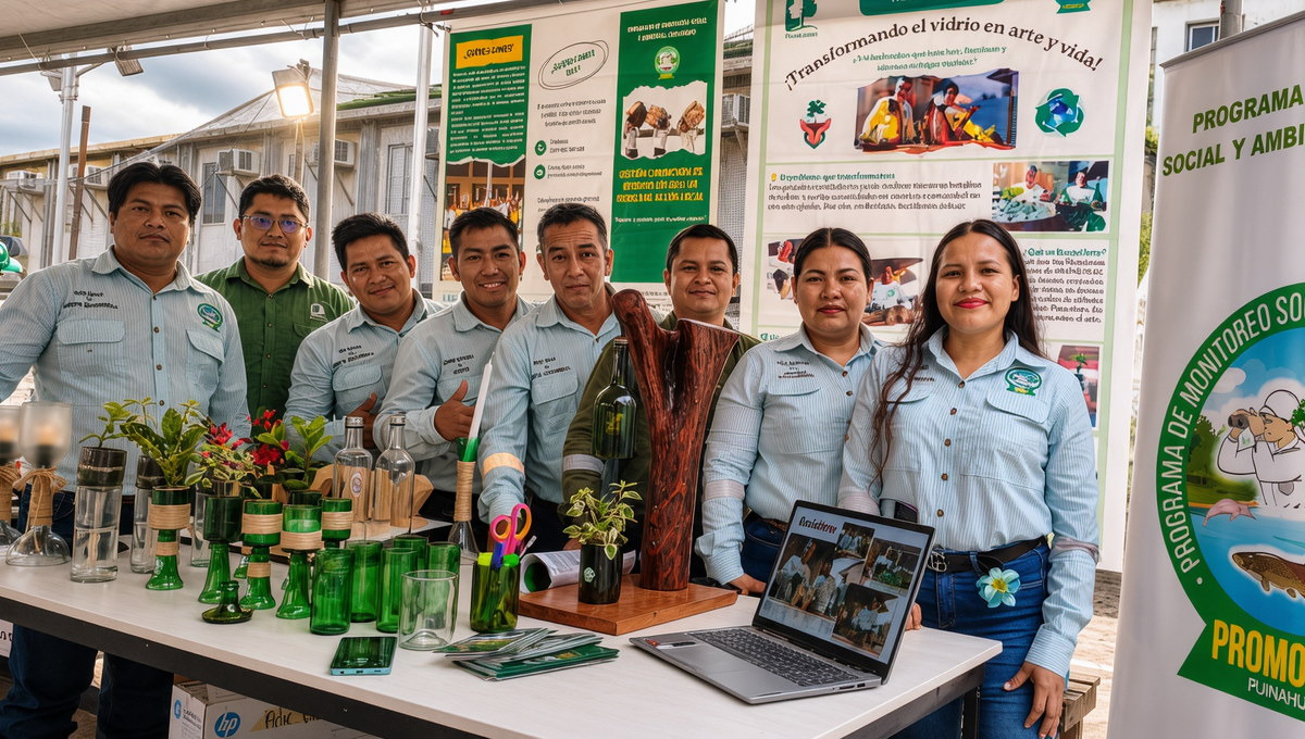 Jóvenes de Puinahua fabrican lámparas y macetas artísticas con botellas de vidrio